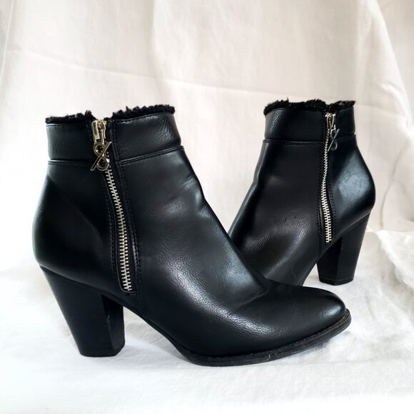 PARKER & SKY 8.5 womens Block Heel Faux leather Fur trim Black Zip Ankle Boots - Picture 12 of 12